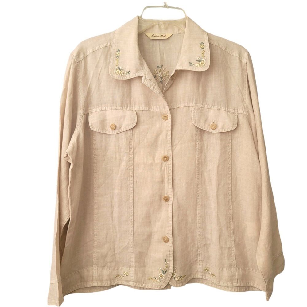 Vintage Louisa May Shirt Womens Large Beige Linen Embroidered Button Up